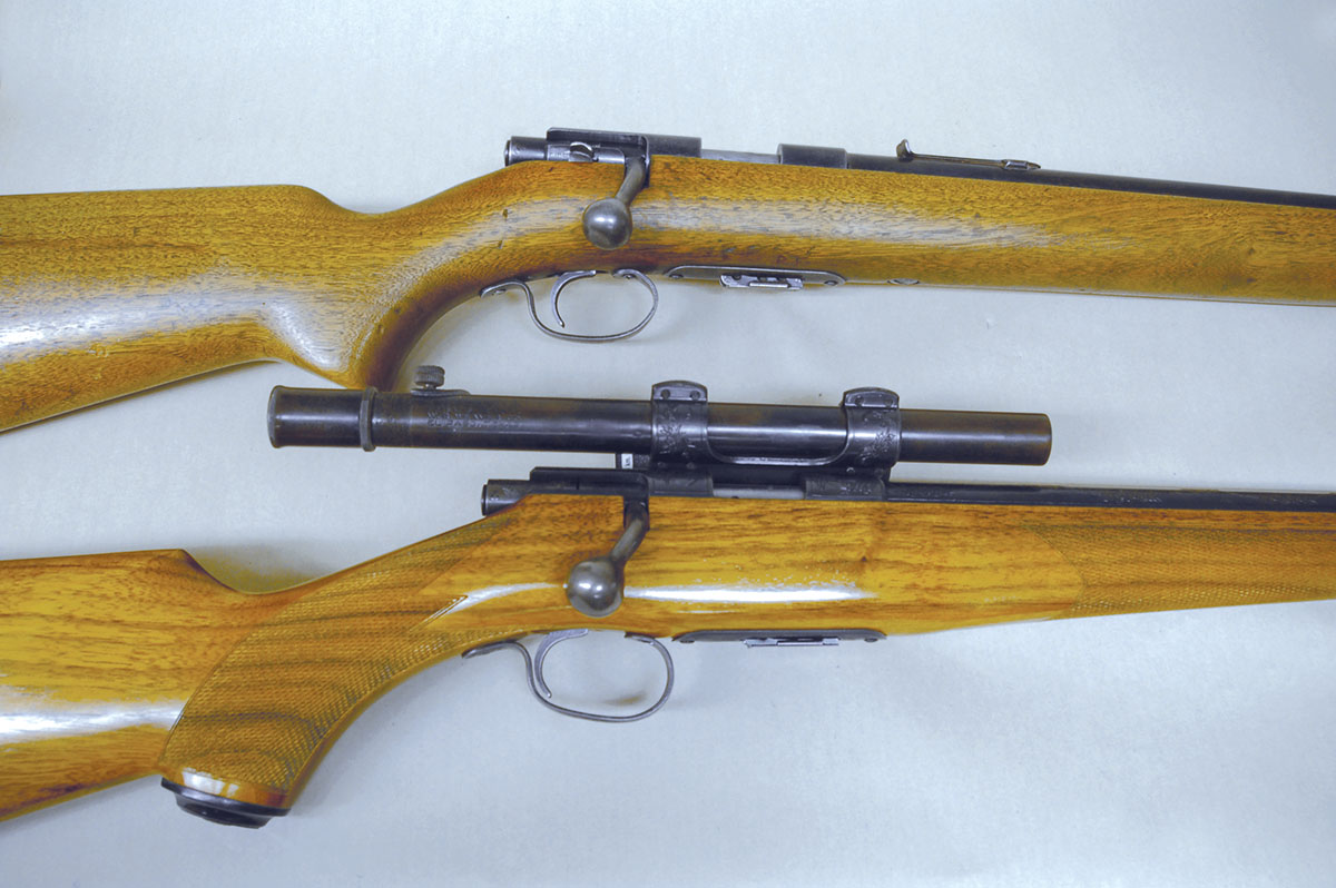 Winchester M69A (top) has a badly pitted bore and stock cut off, a project gun. The bottom M69A is completed; the Weaver M29S scope is a plus for any project. It dates from 1937.